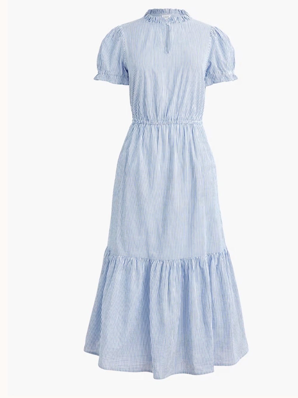 J. Crew Striped Ruffleneck Puff Sleeve Midi Dress Size 14 Blue White Stripes